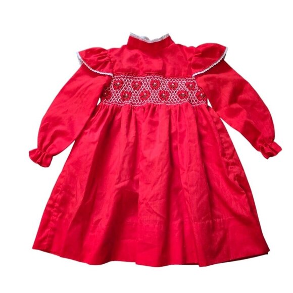 Polly Flinders Vintage Hand Smocked Dresss Girls Size 4 Red - Picture 1 of 5
